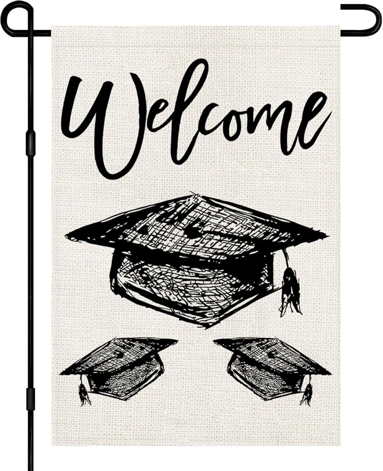 Congrats Grad Black Diploma Cap Garden Flag Burlap 12x18 Inch Double Sided Outside, Welcome Graduation Ceremony Sign Small Flags