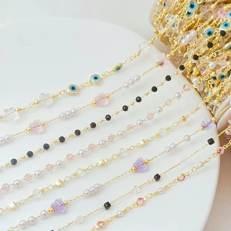 

14K Gold-plated Turkish Blue Eye Imitation Pearl Butterfly Crystal Handmade Chain Semi-finished Product Loose Chain Accessory