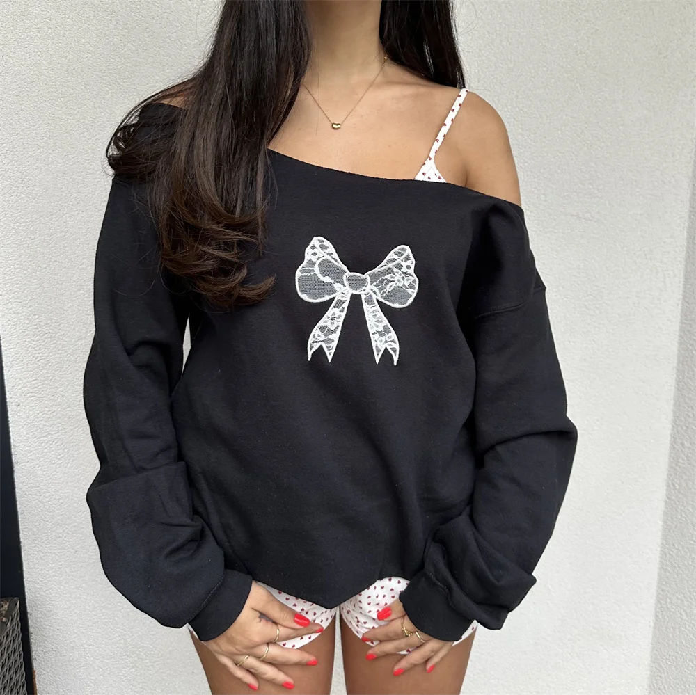 Women Coquette y2k Clothes Off Shoulder Sweatshirts Bow Print Loose Long Sleeve Pullovers Crewneck Kawaii Tops Streetwear