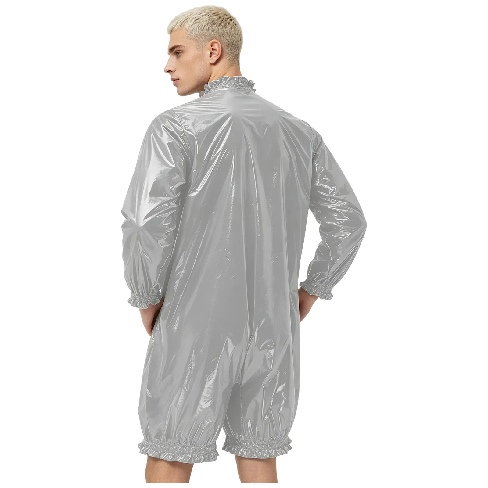 Herren Wasserdichter Vinyl-Bodysuit Badeanzug Langarm Vorderer Reißverschluss Kurze Hose Leotard Overall Gerüschter Windelüberzug Einteiler – Detail 7