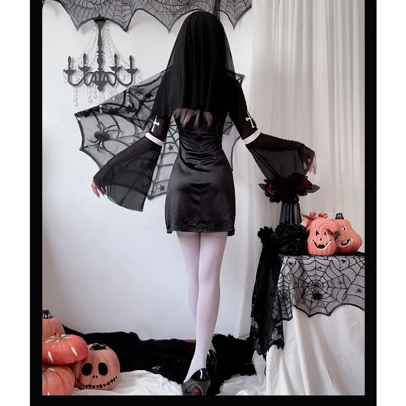 Women Nun Cosplay Costume Cross Pattern Mini Dress Flare Mesh Sleeve with Veil Suits Halloween Gothic Dark Theme Party Outfit