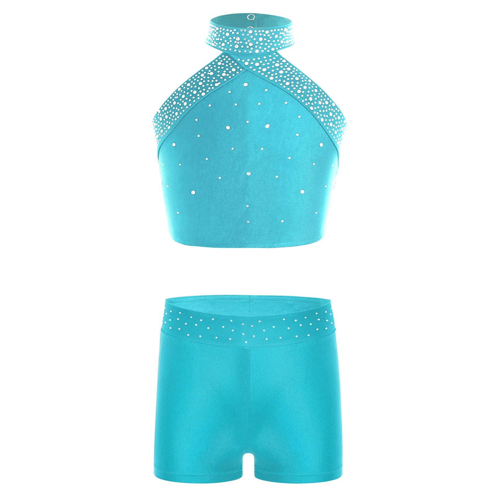 Kids Girls Ballet Dance Outfit Figure Skating Dress Halter Neck Tanks Shiny Rhinestones Shorts Children Gymnastics Dancewear Set