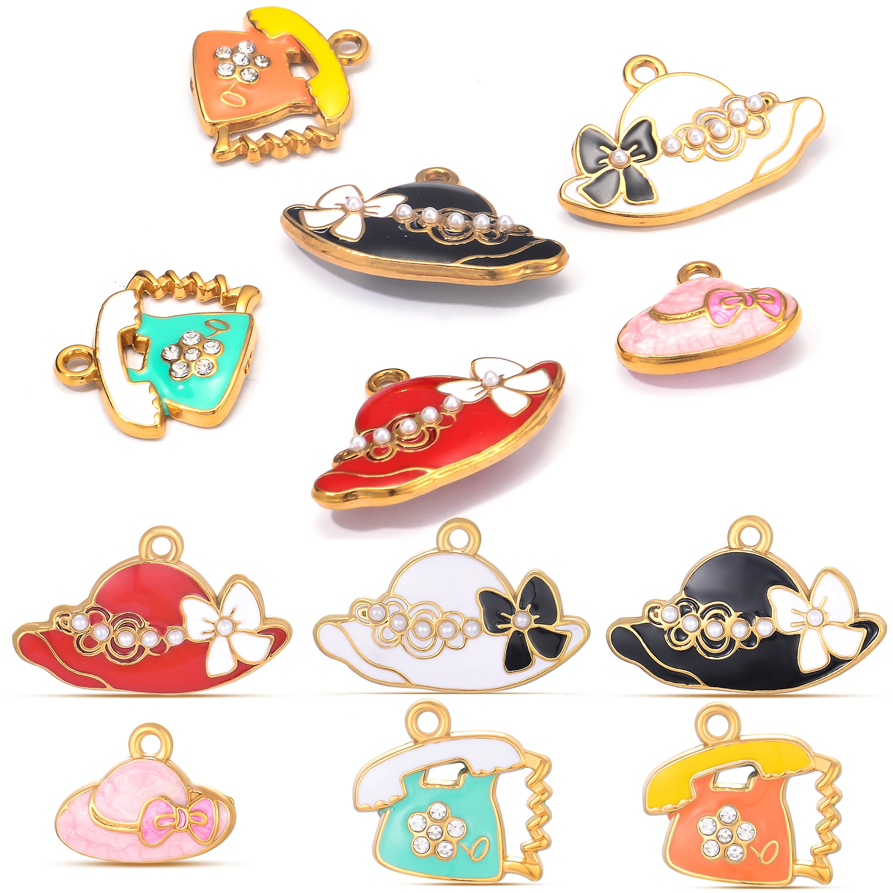 

10Pcs Wholesale Cartoon Hat Telephone Colorful Enamel Stainless Steel Charms Pendant for Jewelry DIY Handmade Accessories