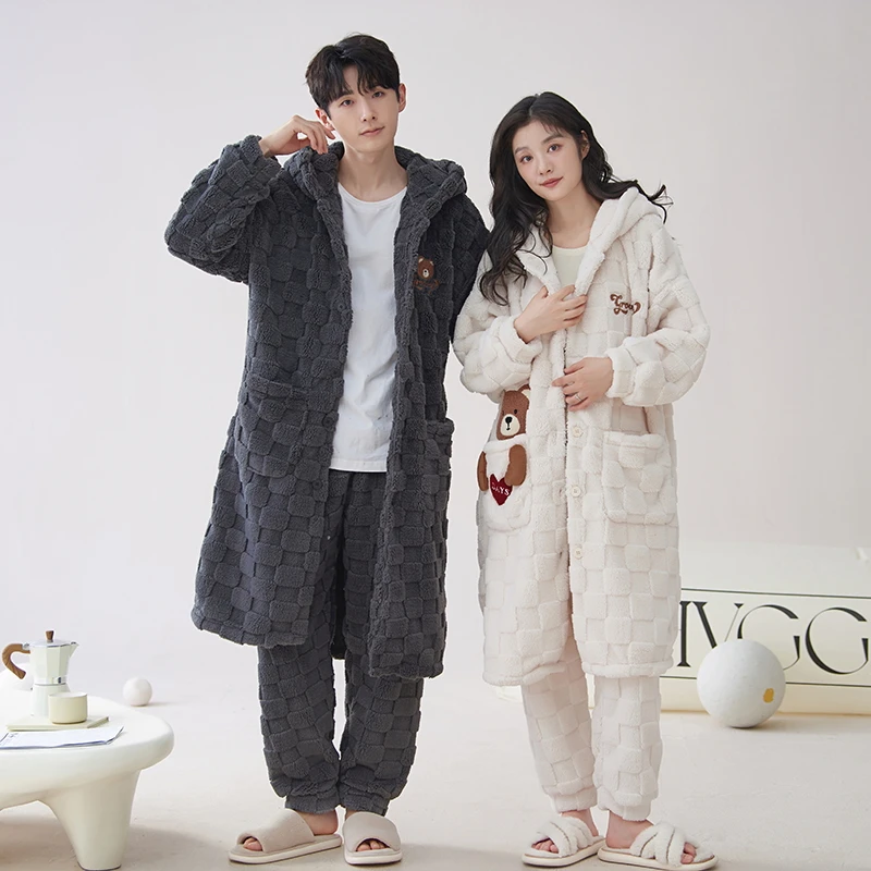 

Winter Robe+Pant Couple Coral Fleece Pajama Sets Thick Warm Sleepwear Lovers Cute Cartoon Coral Velvet Robe