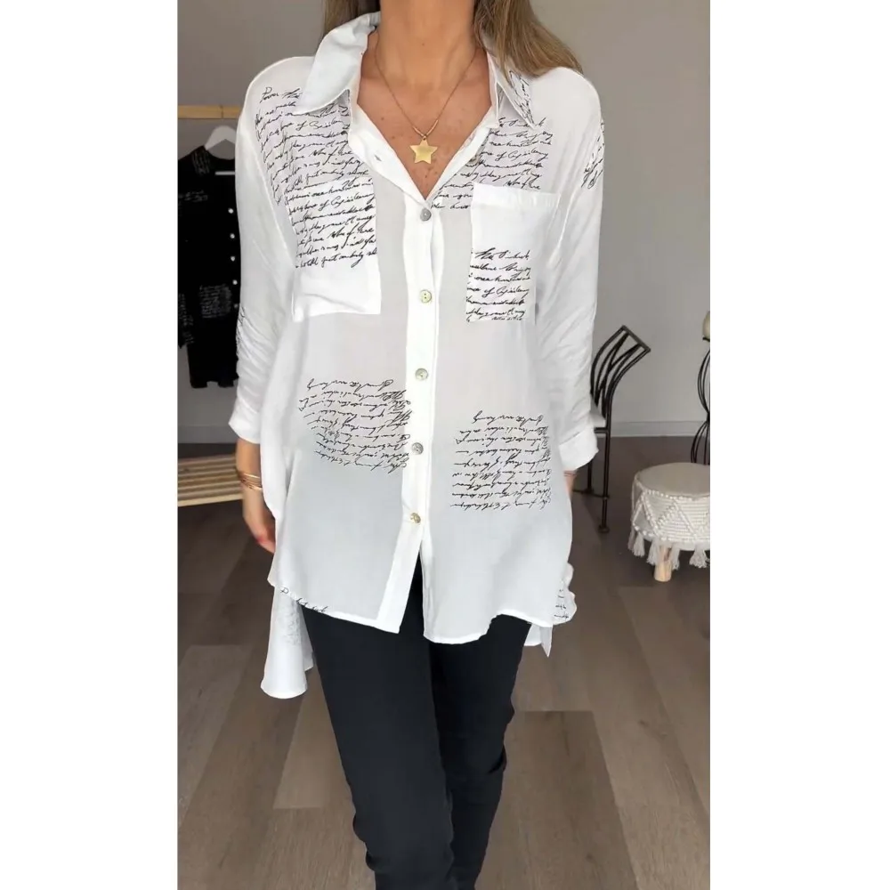 

Spring Letter Print Lapel Shirt Women Casual Single-breasted Blouses Elegant Swallowtail Autumn Long Sleeve Loose Irregular Tops