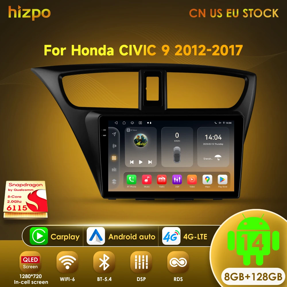 Hizpo Smart Car System Radio For Honda Civic 9 2012 - 2017 Multimedia GPS 2din Autoradio AI Voice Wireless Carplay Android Auto