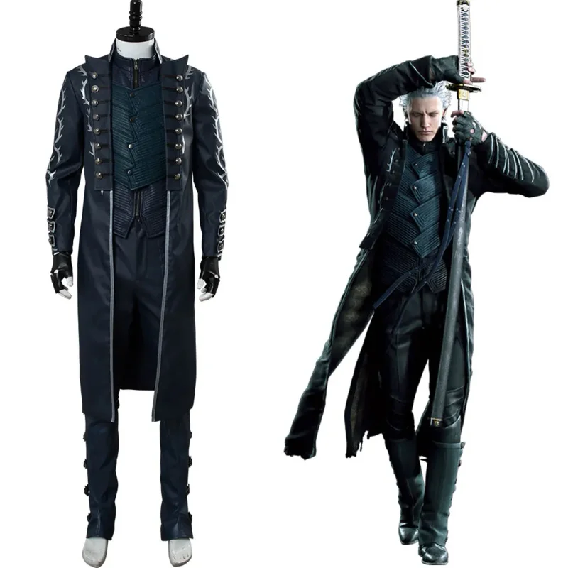 May Cry 5 DMC 5 Vergil Cosplay Costume Aged Outfit Leather Coat Full Suit Adult Men Halloween Carnival Costumes