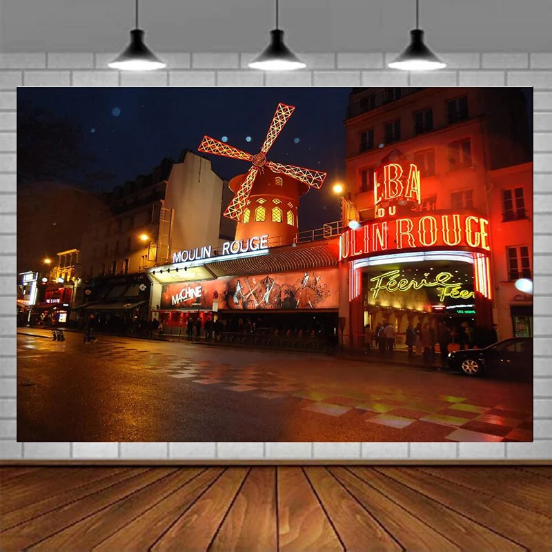 Sfondo fotografico Parigi Moulin Rouge Night Street Scenario Sfondo Decorazione Studio Puntelli Banner Poster