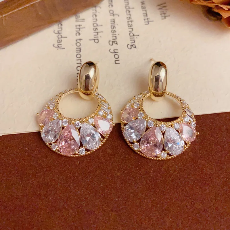 Fashion color full zirconium round earrings for women's personality light luxury versatile super flash earrings