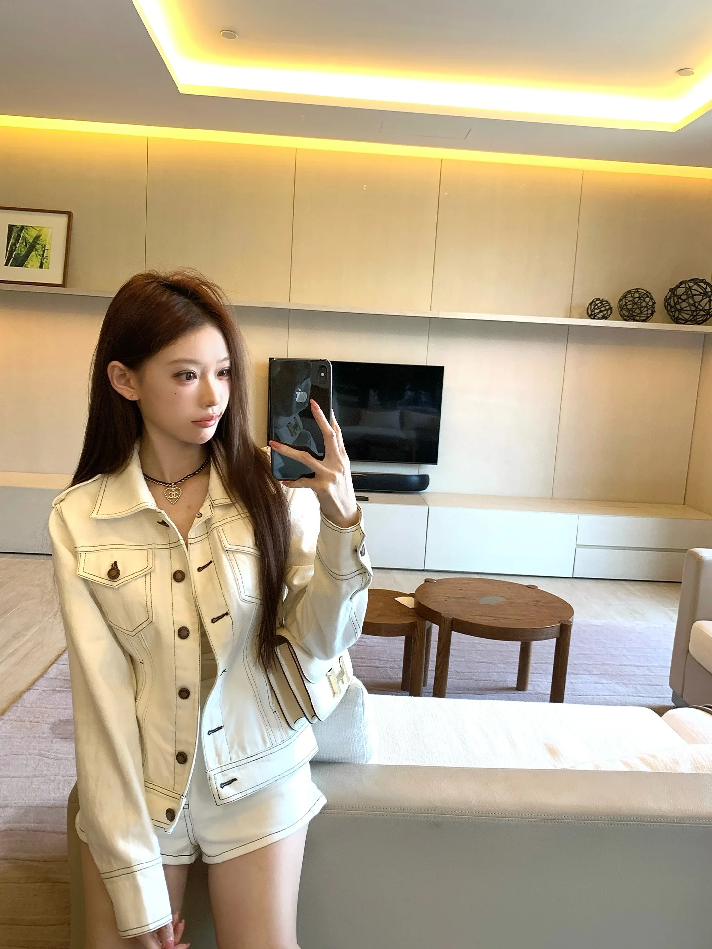 

Coolline High Waist Denim Jacket And Shorts Set Outer Seam Bright Line Different Waistband Quality Leather Long Sleeve Button up