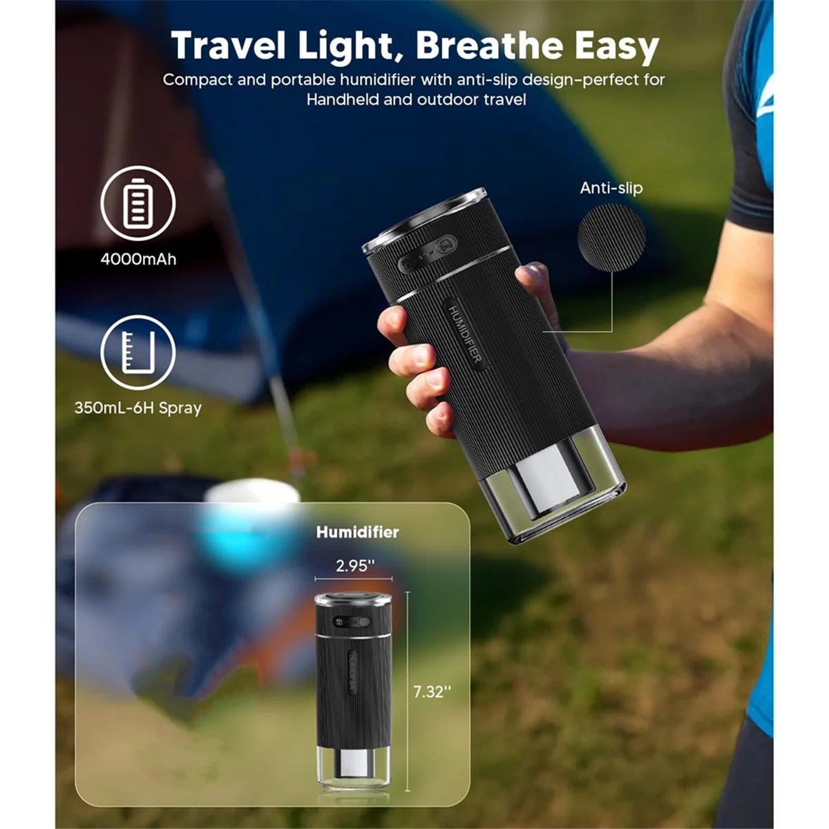 ABXHH Portable Small Humidifier for Bedroom, Dual Nozzle Large Cool Mist, Mini Personal Desk Air Humidifiers for Travel Black