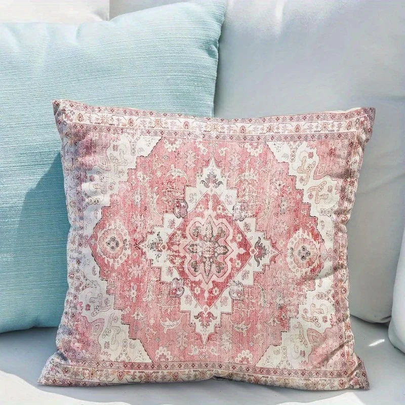 1pc Distressed Ethnic Rug Pillow Cover, 2D Double-Sided Polyester Cushion Case, Rustic Moroccan Home Decor, Perfect Gift for Fri