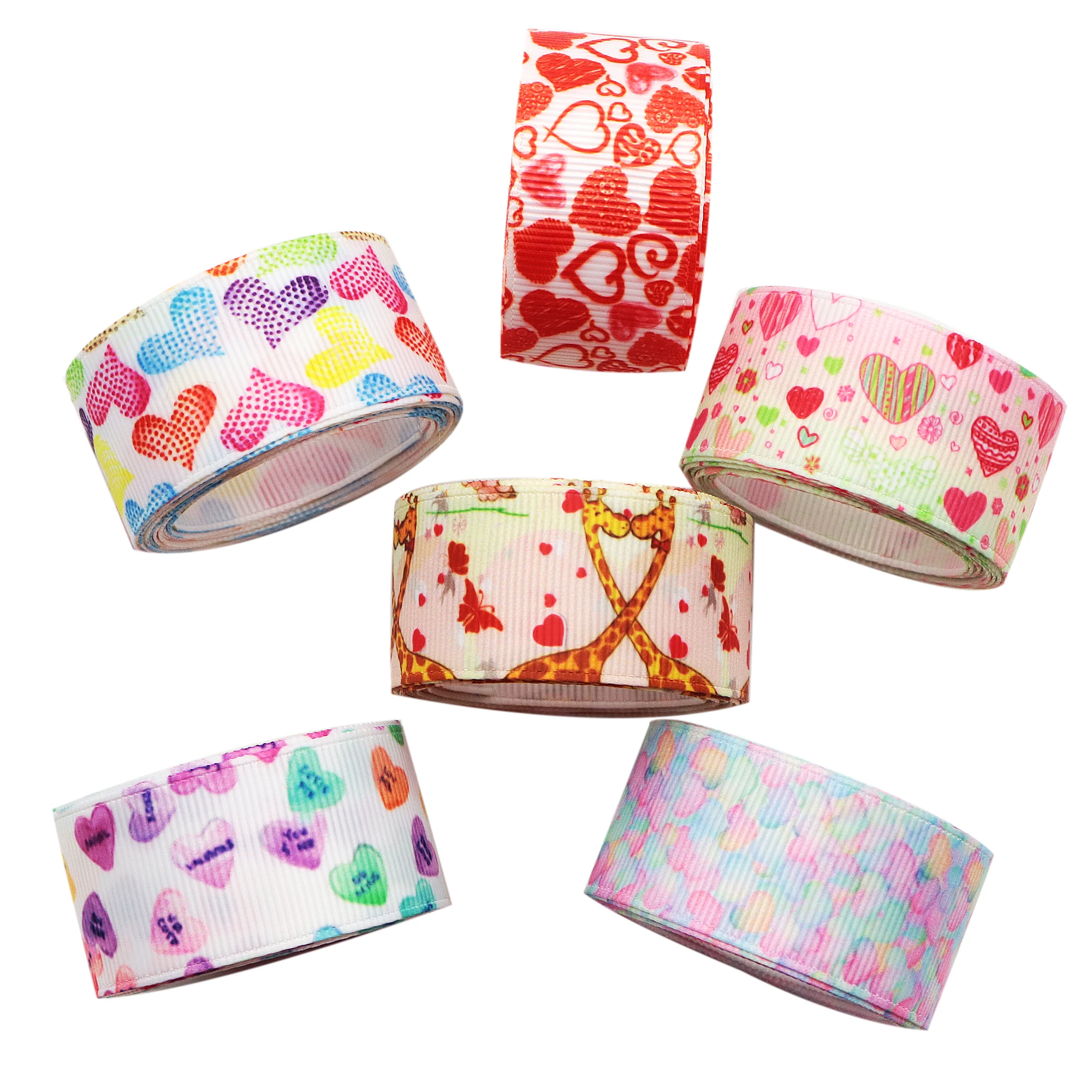 6 Rolls 1 Inch X 2 Yards/roll Valentines Day Heart Love Printed Grosgrain Ribbon Set For Gift Wrapping Ribbon Holiday,1Yc44146