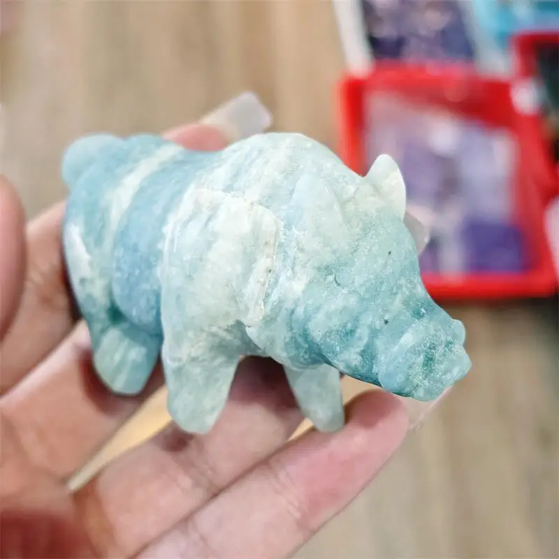 Natural Blue White Stone Wild Boar Carving Mercy Healing Fengshui Hand-carveda Statue For Home Office Decor Gift 1PCS