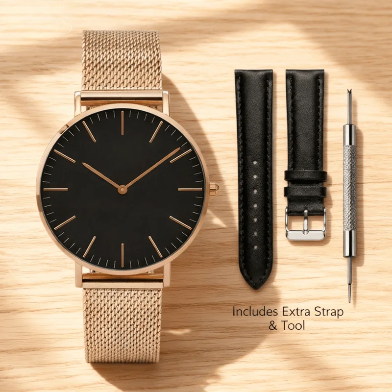 

3pcs/set Includes Women Watch + Leather Belt + Removal Tool Luxury Simple Metal Ladies Quartz Wristwatch Clock Gift Reloj Mujer