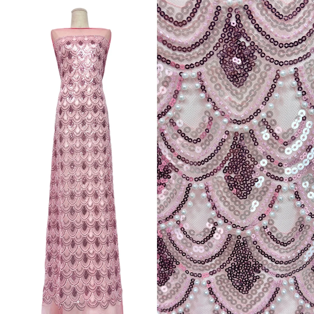 

French Lace Fabrics High Quality African Beaded Embroidered Nigerian Sequins Tulle Lace 5 Yards For Sewing Party Dresses