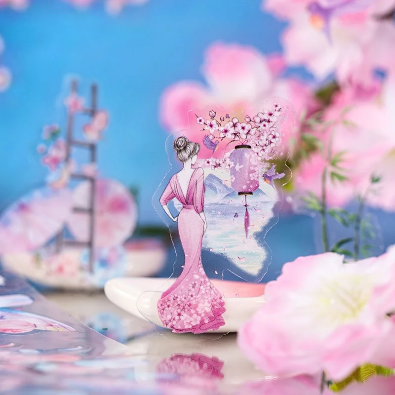 Paket 6 Gulungan - Set Stiker Pita Bertema Arsitektur Bunga Sakura - Seri Lagu Cinta Bunga Sakura - Tahan Air, Potongan Bentuk Bunga Sakura, Perekat Sendiri - Cocok untuk Scrapbooking, Junk Journal, dan Stiker Kolase Planner