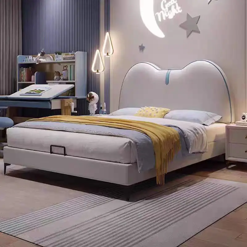 ！@Pink Leather Kids Bed with Cloud Shaped Headboard Leather Bed With Drawers and Storage
