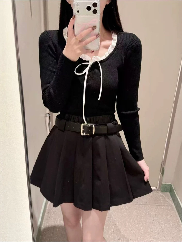 

Sweet Collar Knot Long Sleeve Knitted Sweater Autumn Winter New Arrival Polyester Fiber Commute Style Slim Fit Design