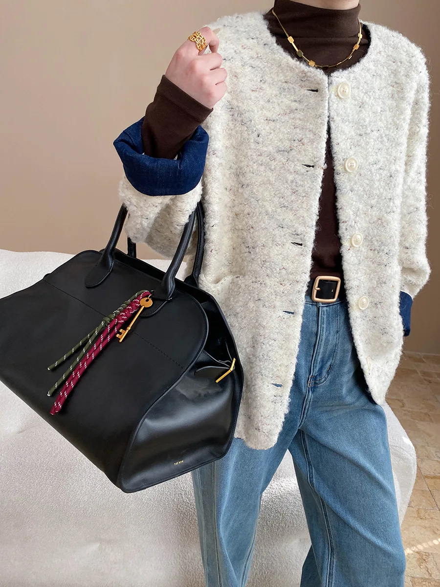 

Women's casual French high-end patchwork denim cuffs, coarse floral woolen small fragrant style jacket