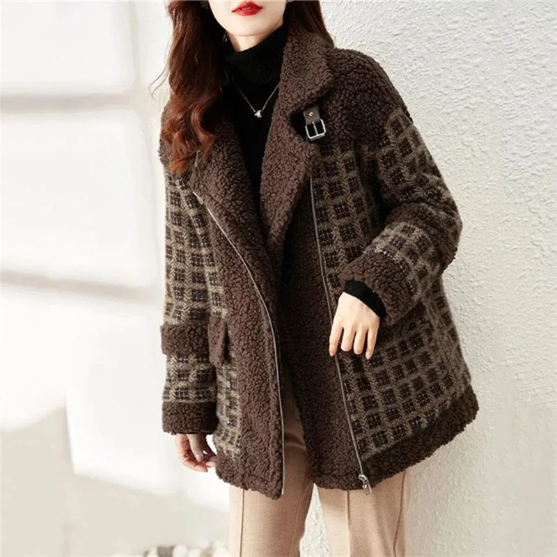 Autumn Winter Woolen Coat 2024 New Fashion Grain Fleece Warm Women\'s Cotton Coat Brown Zipper Outerwear Windbreaker Female