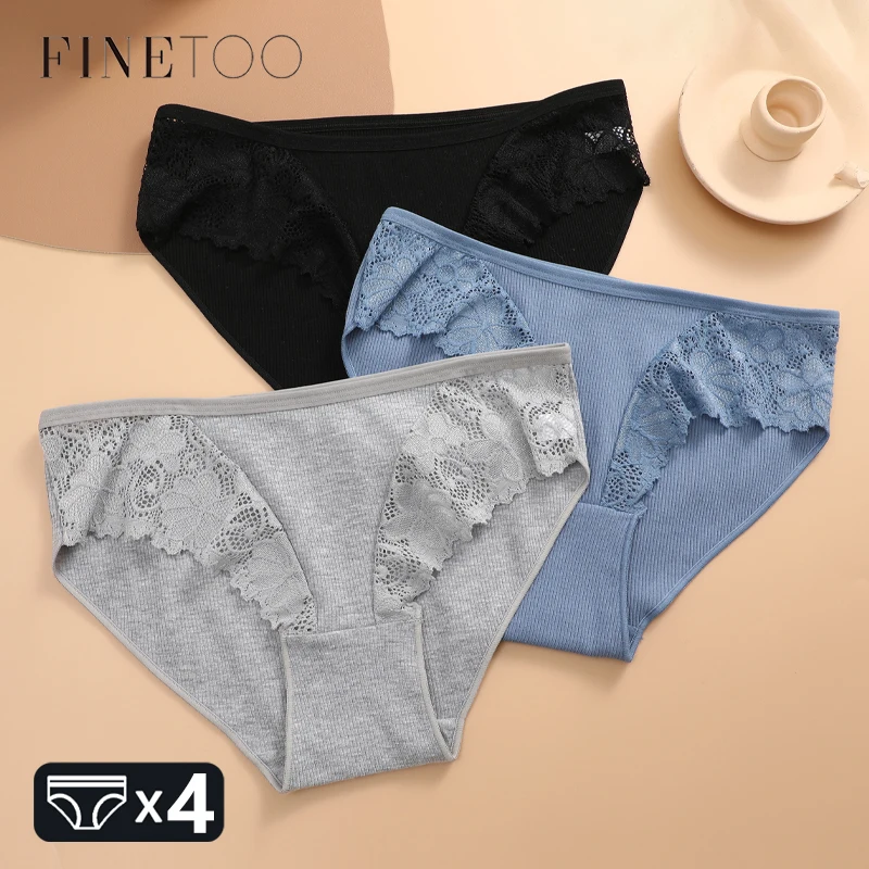 FINETOO 4 Teile/satz Frauen Baumwolle Höschen Sexy Low Taille Unterhose Weibliche Mode Patchwork Spitze Slip Floral Soild Dessous S-M