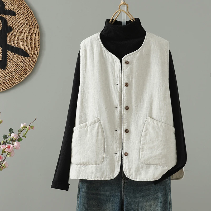 暖かい綿麻素材の秋冬ベスト、ボタン留め、スリムなアウターコート、シエンデッドラウンドネック、カジュアルで快適なトップス