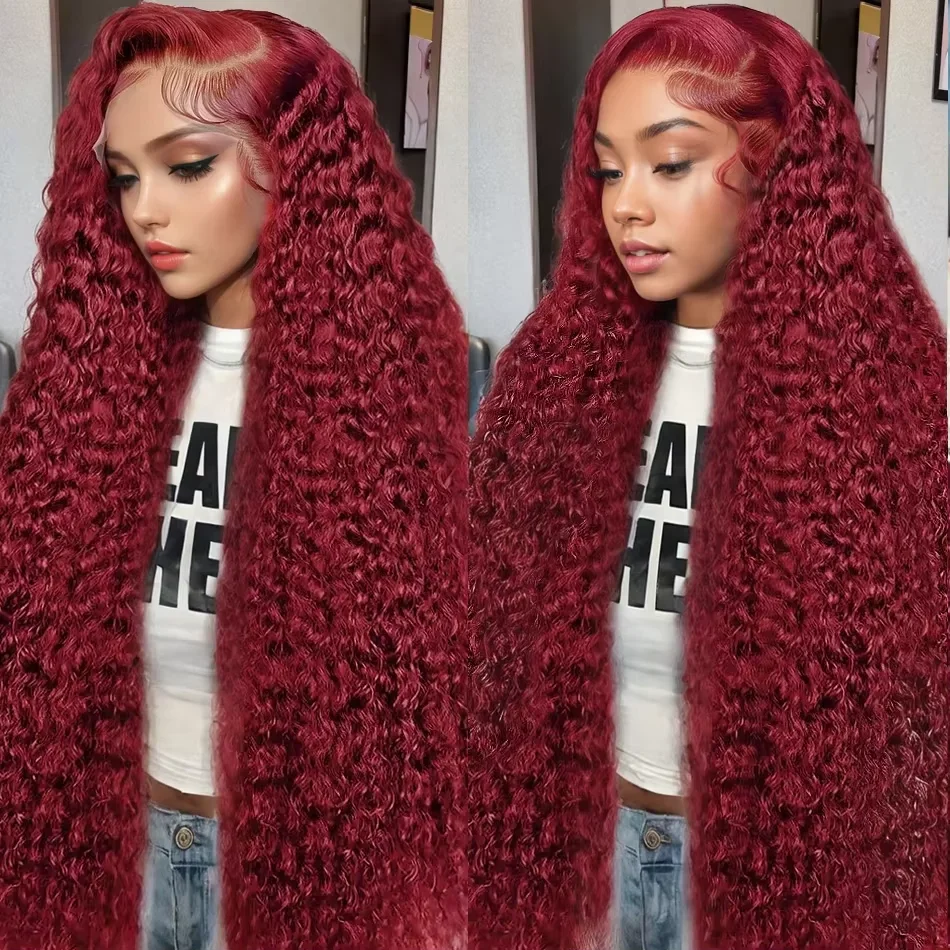 13x4 13X6 Deep Wave Lace Frontal Wig Human Hair Transparent 99J Burgundy Red Colored HD Curly 34 36 Inches