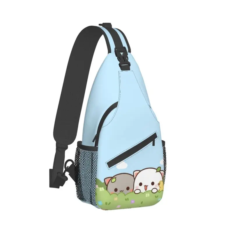 Mochila de hombro con dibujo de gato Mochi para hombre, morral cruzado en el pecho con eslinga de melocotón y Goma, a la moda, para viajes y ciclismo