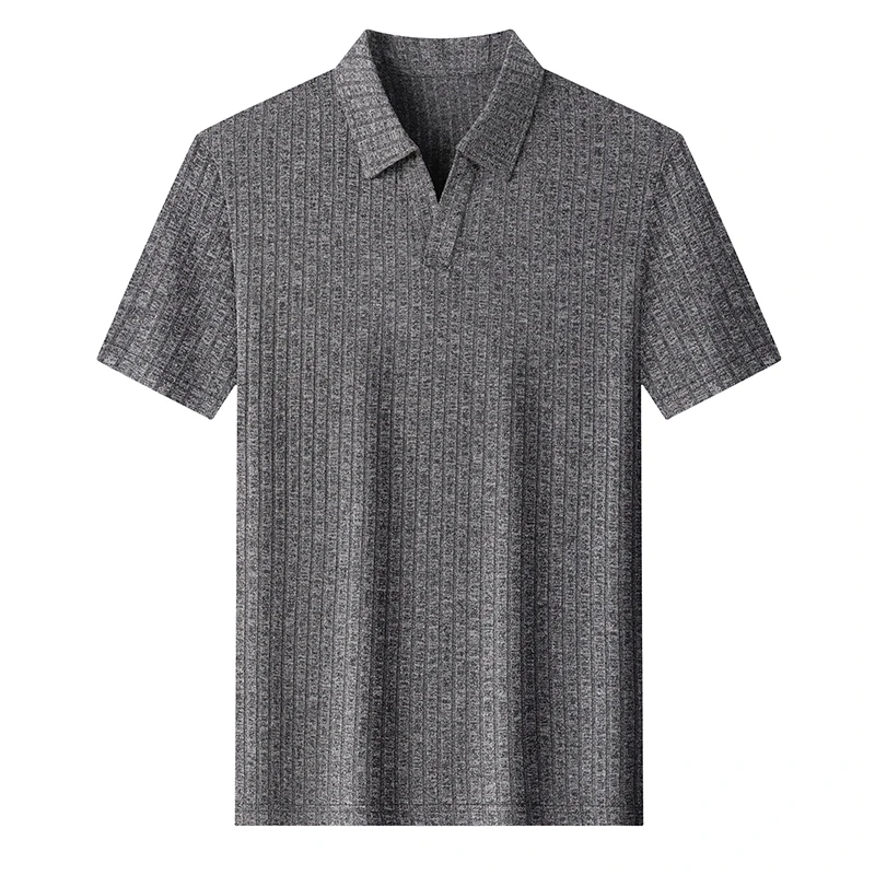 Herren Atmungsaktives Strick-Poloshirt Kurzarm V-Ausschnitt Gestreifter Stoff Bequem Leichtgewichtig Lässig Business Tägliche Kleidung – Detail 15