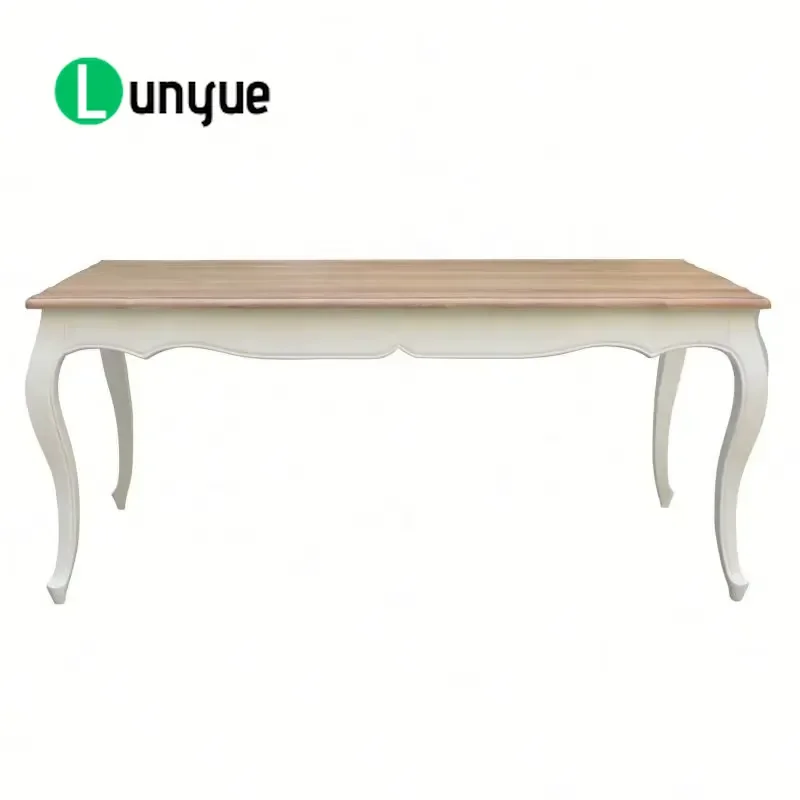 European Luxury Solid Oak Rectangular Dining Table Farmhouse Antique Traditional Curved Legs Rounded Corners for Home Kitchen