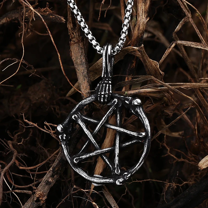 Retro 2023 New 316L Stainless Steel Gothic The Hand Grabbed Branch Pentagram Pendant Necklace Steampunk Jewelry For Man