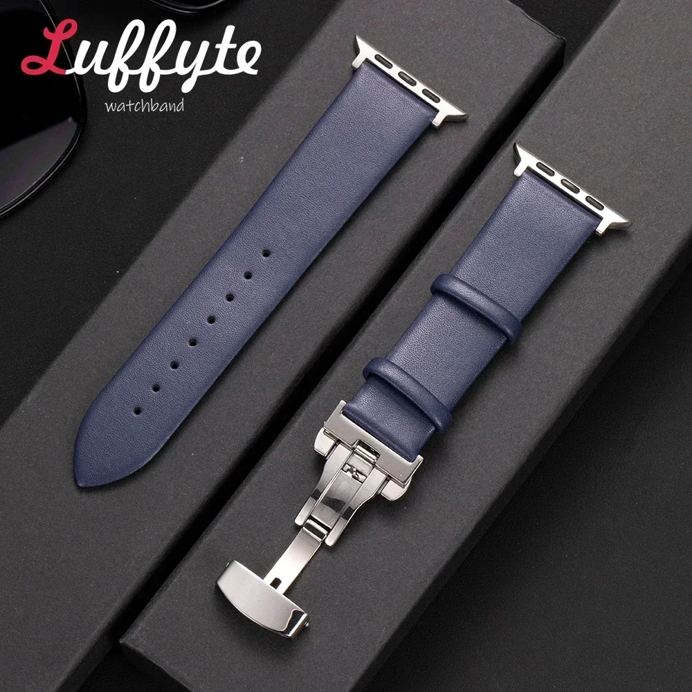 Ультратонкий кожаный ремешок для Apple Watch 1-10 Ultra SE 2, ремешок для часов с пряжкой-бабочкой для IWatch 38/40/41/42/44/45/46/49 мм