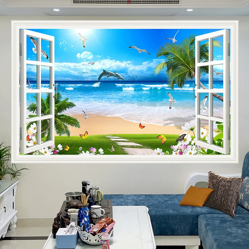 Natural Scenery Fake Windows Forests Beaches Posters Decoration Painting Living Room Wall Art Canvas Paintings Home Decor