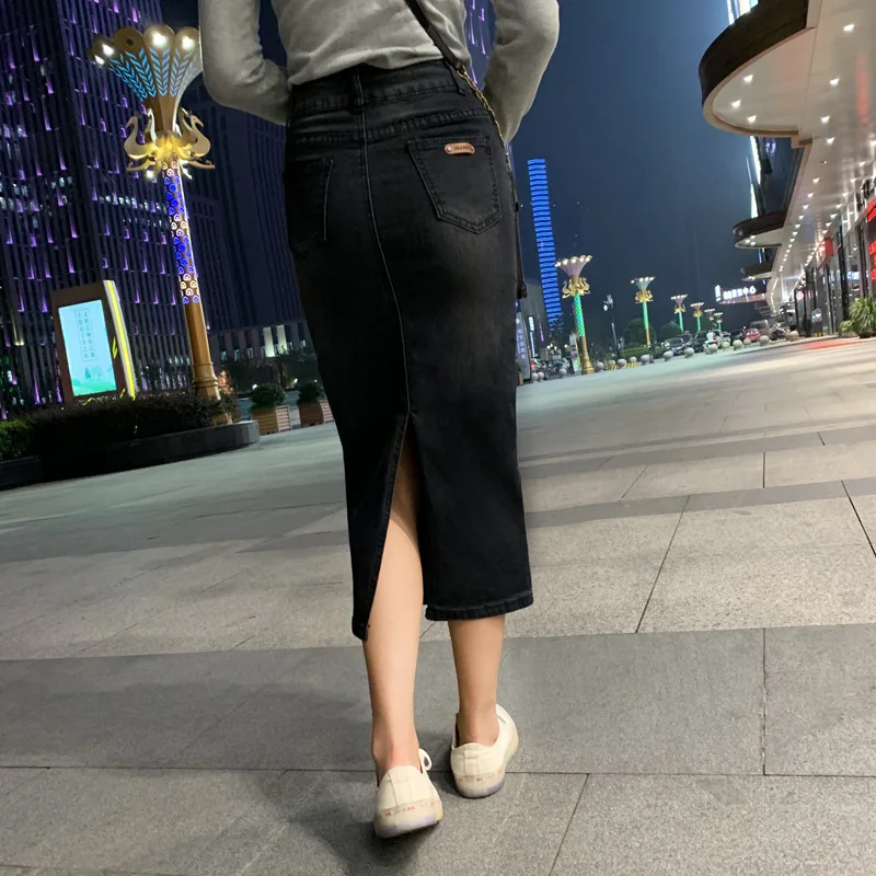 スリムフィットハイウエストストレッチデニムスカート女性のためのバックスリットとボディコンロングスカート
