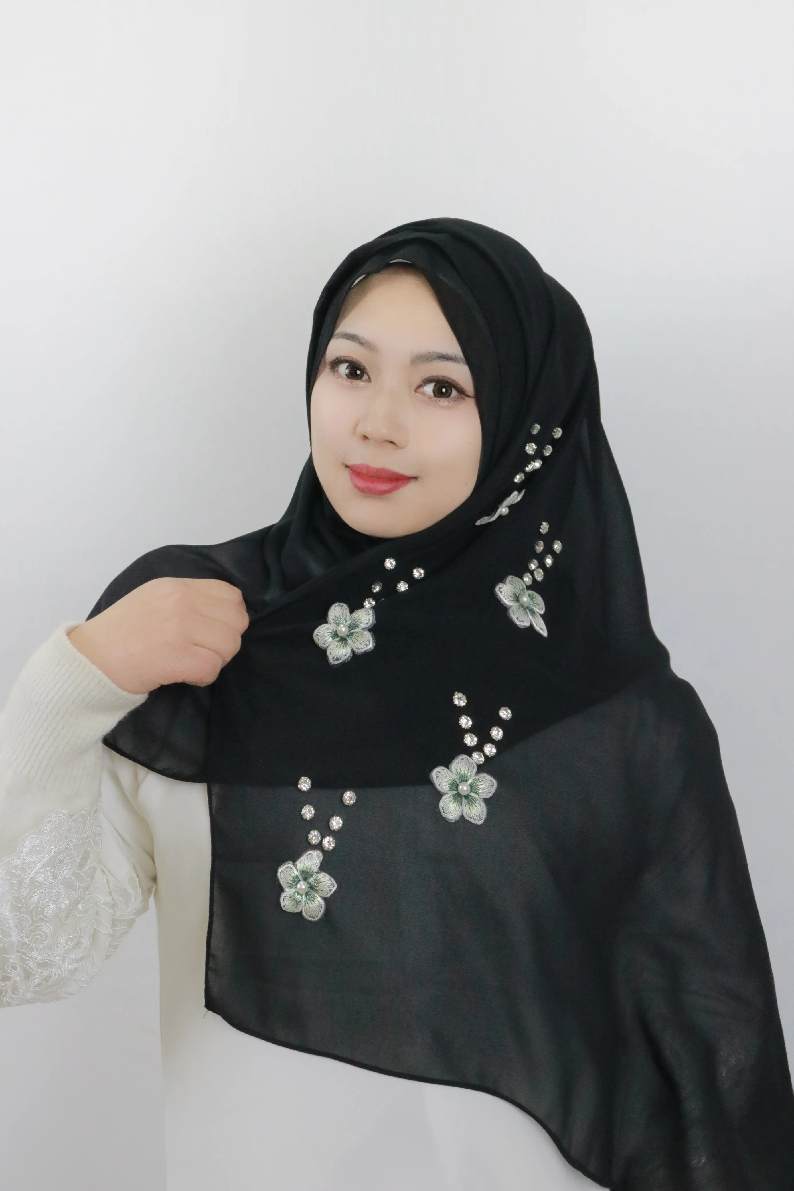 Hijab en mousseline de soie perlée florale pour filles, comparateur de couleur météo de printemps, trekking de printemps, protection solaire