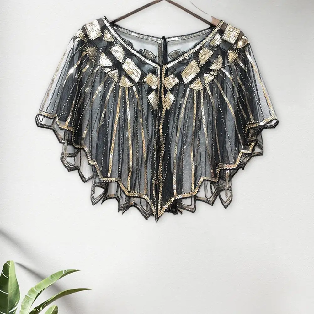 

Solid Color Shoulder Wrap Elegant Beaded Sequin Prom Shawl for Women Lightweight See-through V Neck Cape with Thin Shoulder