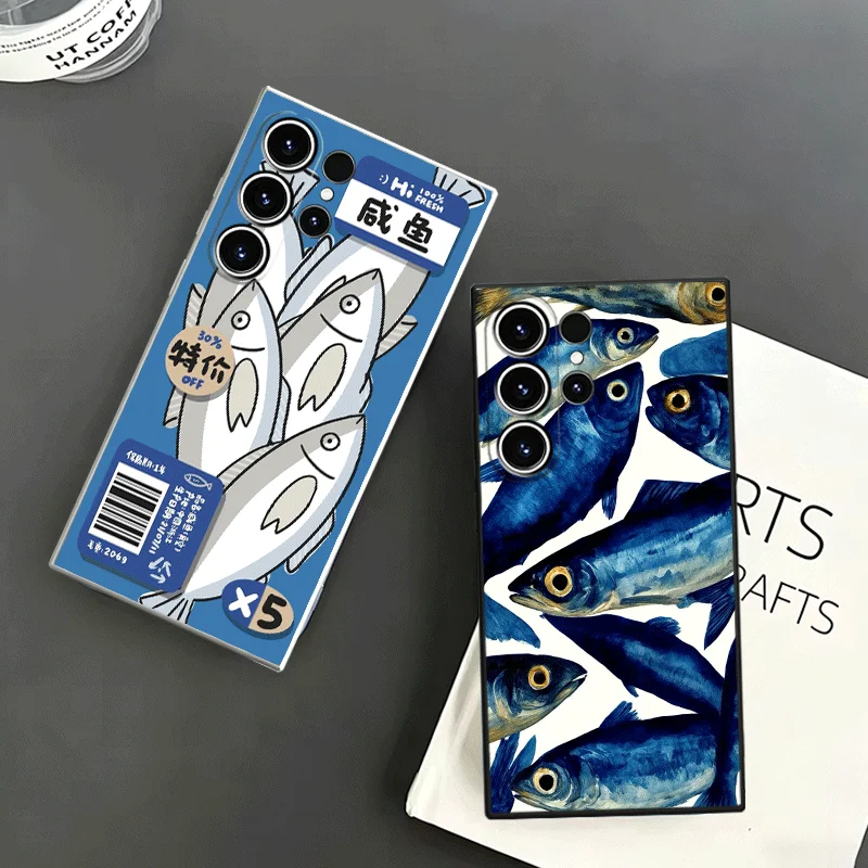 Discounted Salted Fish Soft Phone Case For Samsung S24 S25 S26 Ultra S23 S22 Plus S21 S20 FE Edge + Black White Couple Cover