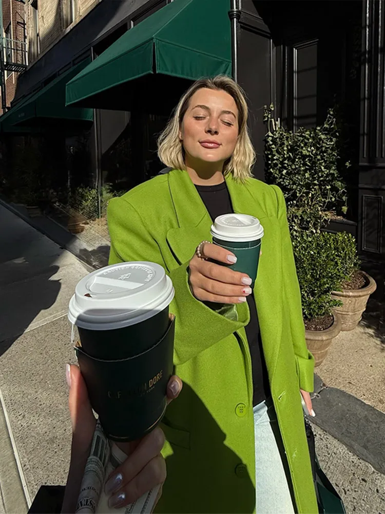 

Women Chic Green Woolen Overcoat Fashion Solid Lapel Double Button Pocket Loose Outerwears Lady Autumn Daily Highstreet Jacket