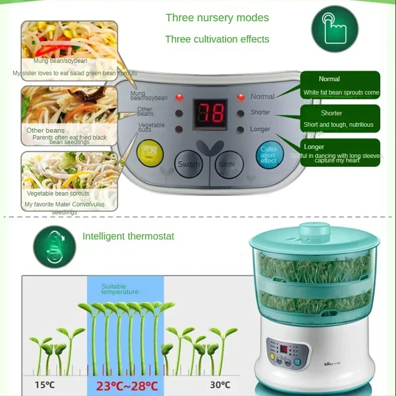 Macchina per la germinazione dei fagioli germogli di soia crudi multifunzionali germogli di soia Mung a doppio strato per uso domestico automatico intelligente