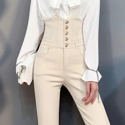 2022 Korean Style Stretch Skinny Jeans Women Fashion Slim Button Pencil Pantalones Femme Design Super High Waist Beige Pants