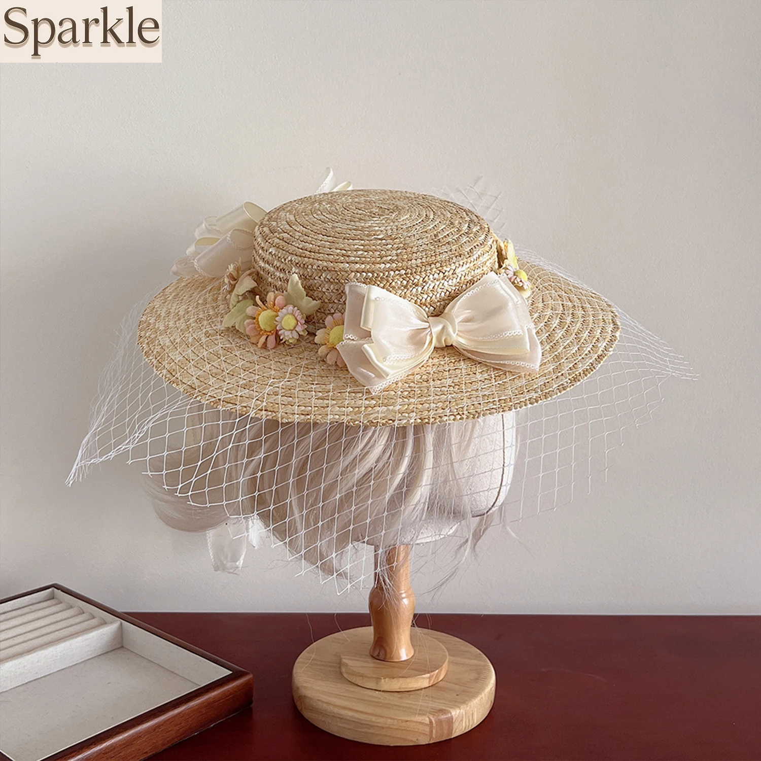 

Sweet Lolita Straw Sun Hat with Flower And Bow Decor Kawaii Mesh Veil Tea Party Daily Style Women's Summer Accessory