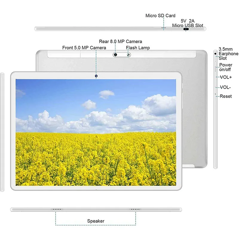 글로벌 버전 Yestel X7 태블릿, 10.1 인치 옥타 코어, 4 + 64GB, 8000 mAh 태블릿 PC, 120Hz, 2.5K LCD 디스플레이, 실버 태블릿, 안드로이드 12