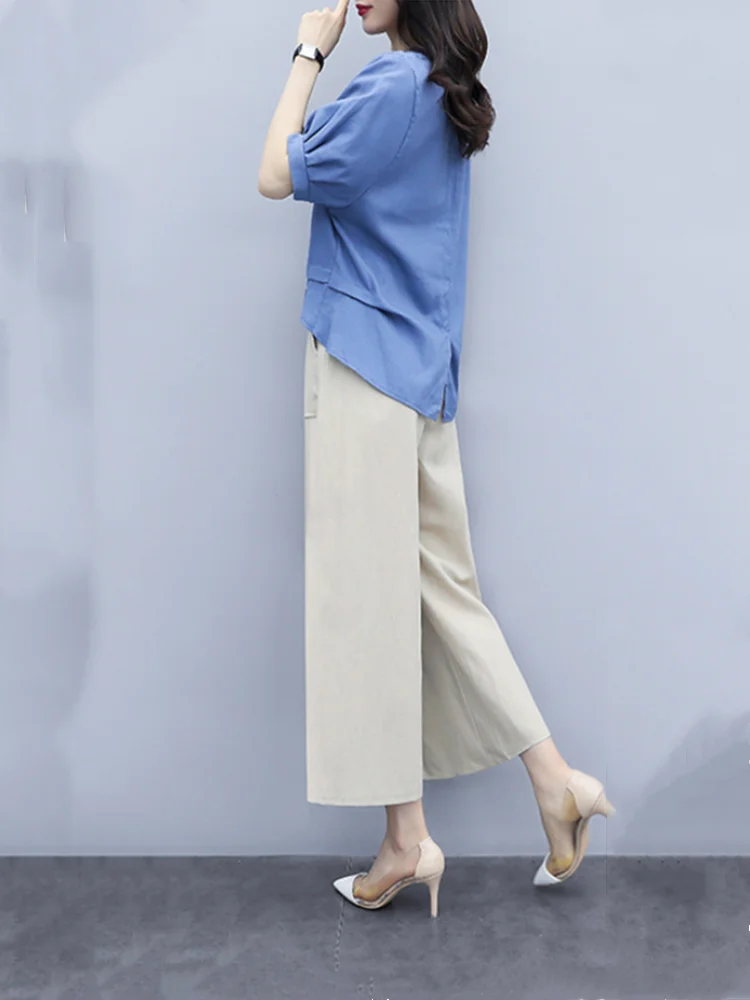 Katoenen Linnen Pak Dames Voor Zomer 2022 Nieuwe Mode Koreaanse Casual Effen Tops & Wijde Pijpen Broek 2 Stuks Vrouwelijke Outfit Kostuum