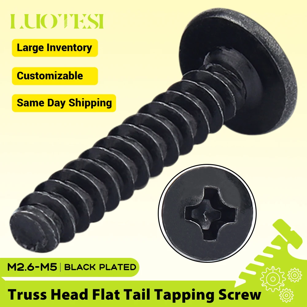 Cross Recessed Truss Head Flat Tail Tapping Screw Black Plated M2.6 M3 M3.5 M4 M5 Phillips Flat Round Head Mushroom Screw