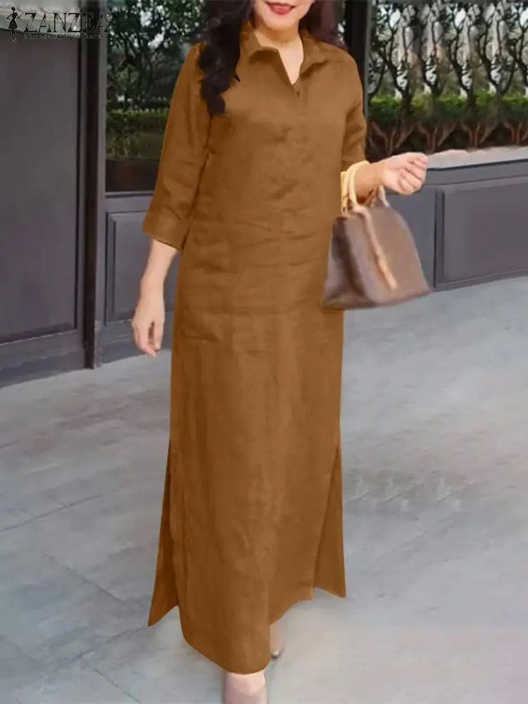 ZANZEA Woman Fashion Split Hem Dress Autumn 3/4 Sleeve Lapel Neck Maxi Robe Elegant OL Work Sundress Casual Street Vestidos 2023