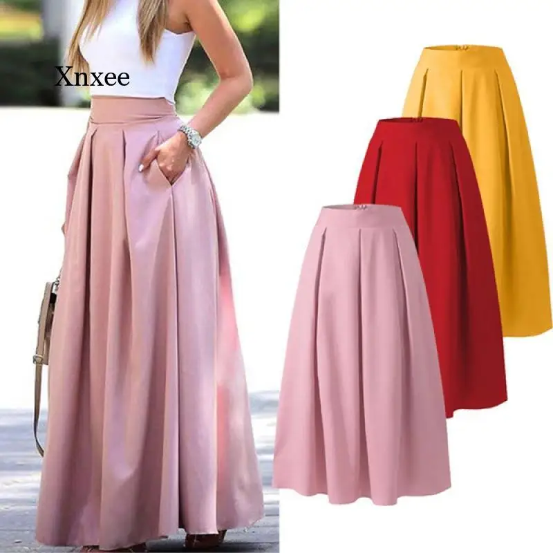 Summer skirt set Women Elegant Casual Two-Piece Suit Set Female Sleeveless Cropped Top & Pleated Maxi formal pink blue pocket