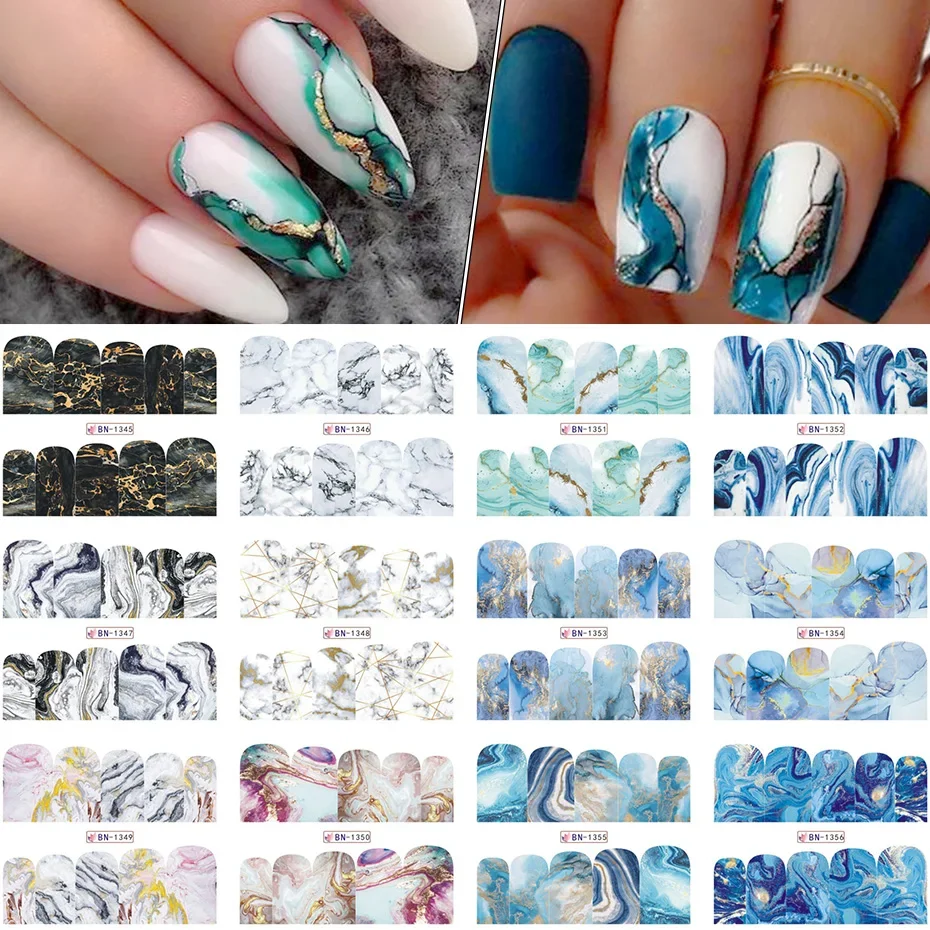 12pcs Gradient Marble Nail Stickers Flower Letter Leopard Cartoons Sliders for Nails Anime Water Transfer DIY Decals Decor Foils