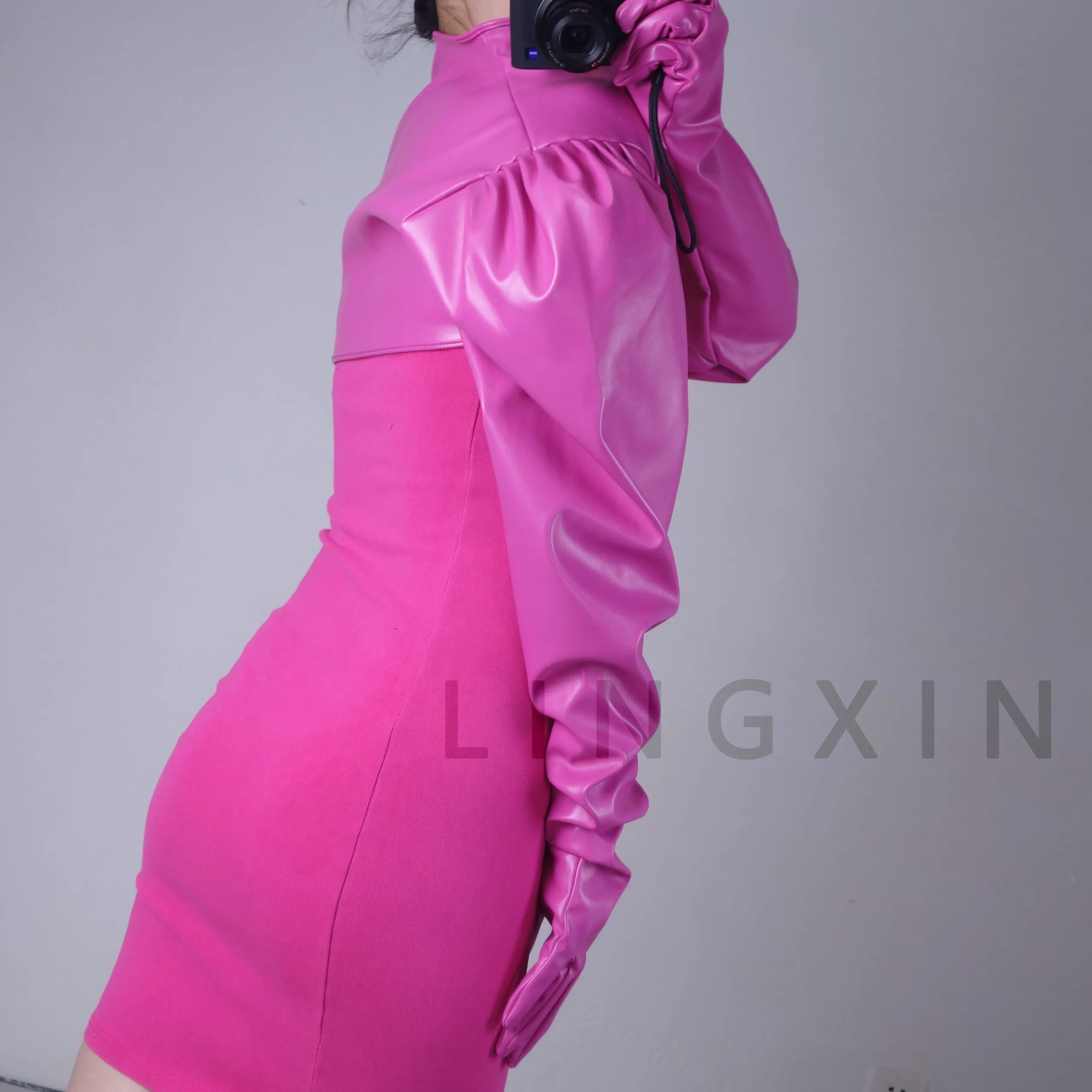 Bolero-Handschuhe aus Kunstleder, Latex-Bomberjacke, Crop-Jumper, Jacke, Shrug, Hot Red, One Piece, Glanzleder, Rosé-Pink, Fuchsia, Loose Fit – Detail 7