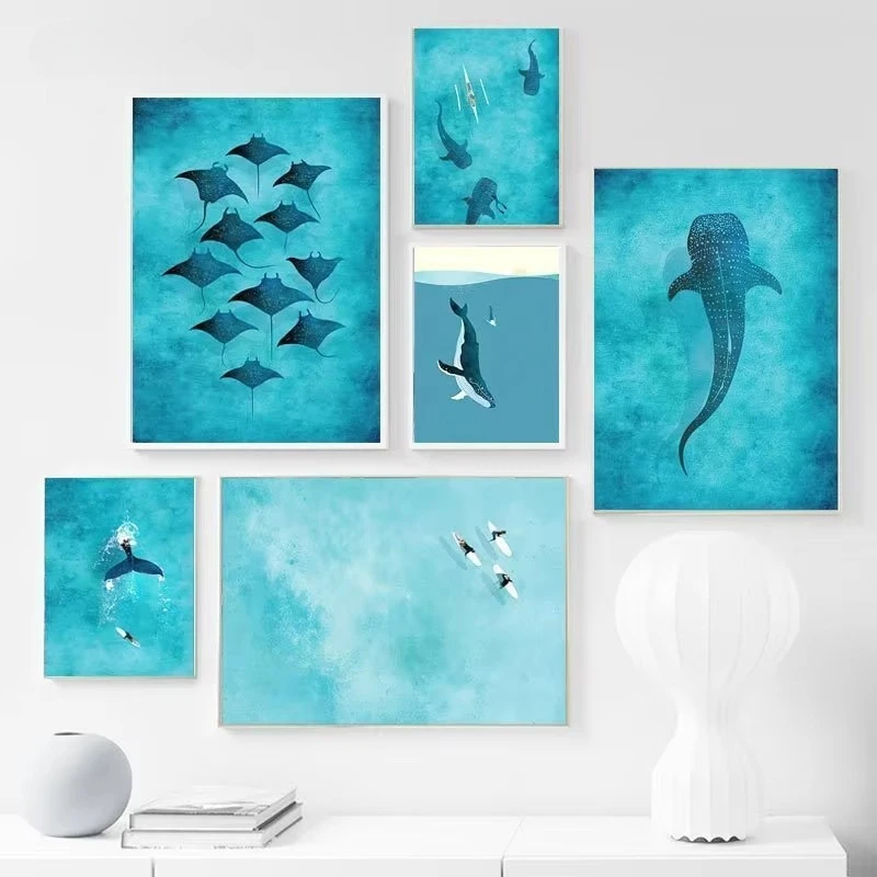 Póster Abstracto de Océano Azul, Pintura al Óleo, Ballena, Tiburón Manta, Surf, Arte Marino, Cuadros Decorativos para Sala de Estar